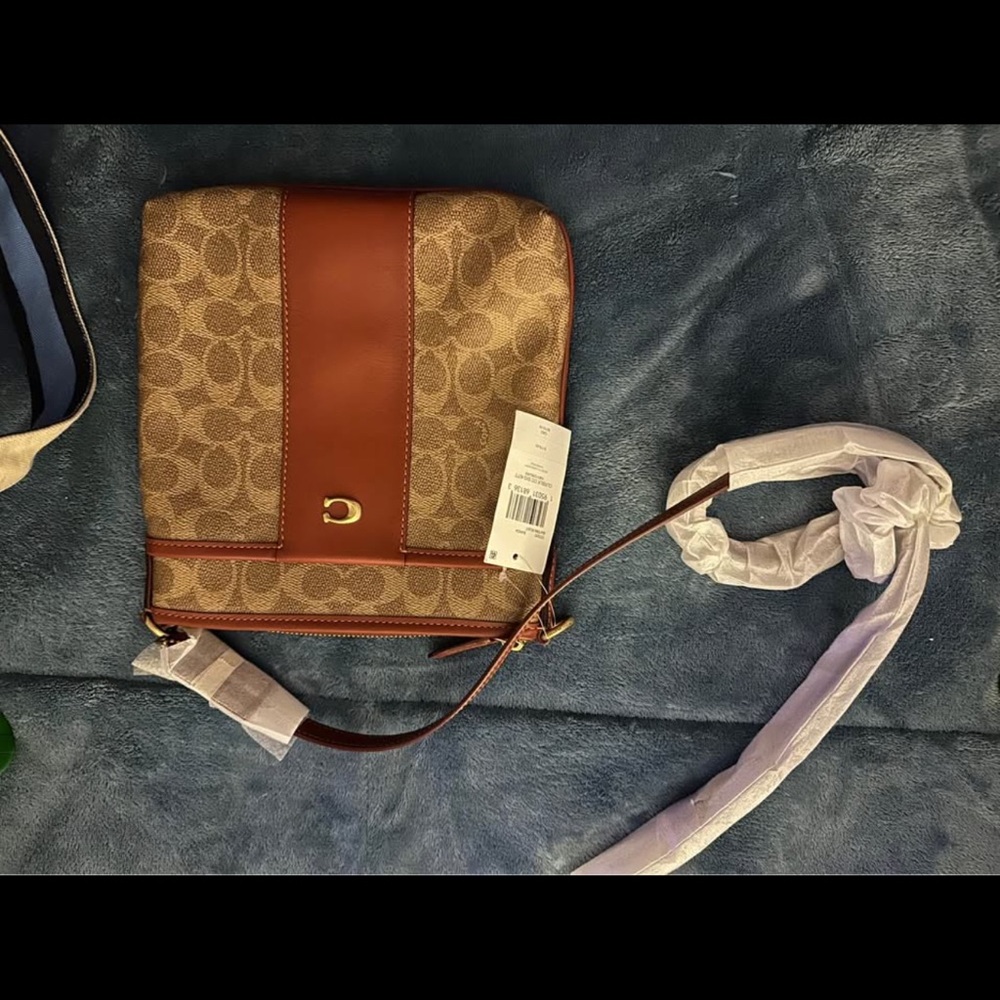 Coach Tan and Brown Crossbody Bag with Messenger Style and Flap Closure